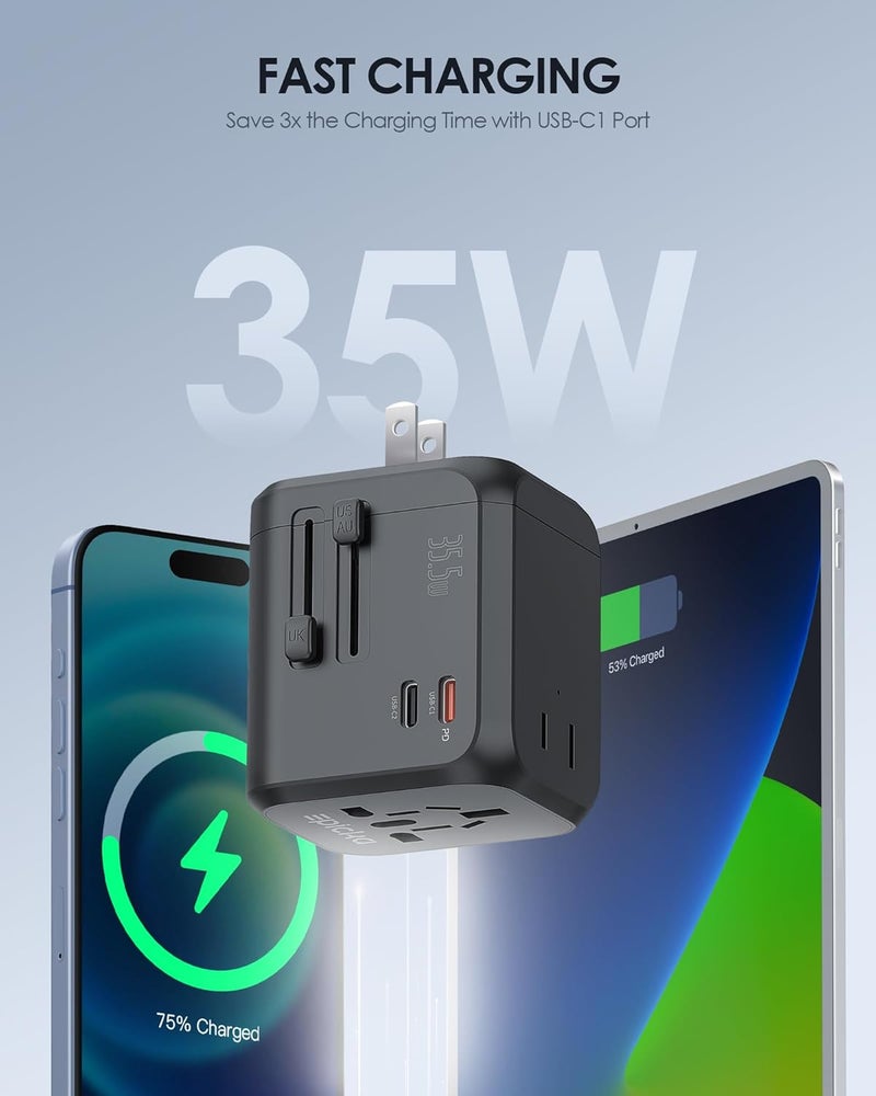 EPICKA 35W Universal Travel Adapter with 2 AC Outlet, European Travel Plug Adapter with PD Fast Charging, 6-Port (2 AC/2 USB-C/3 USB-A) International Power Adapter - Travel Essentials (TA-205, Black) - Image 3